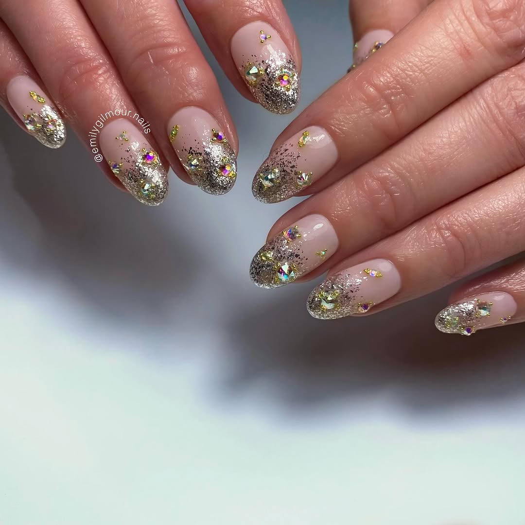 Glitter ombre acrylic nails with gems