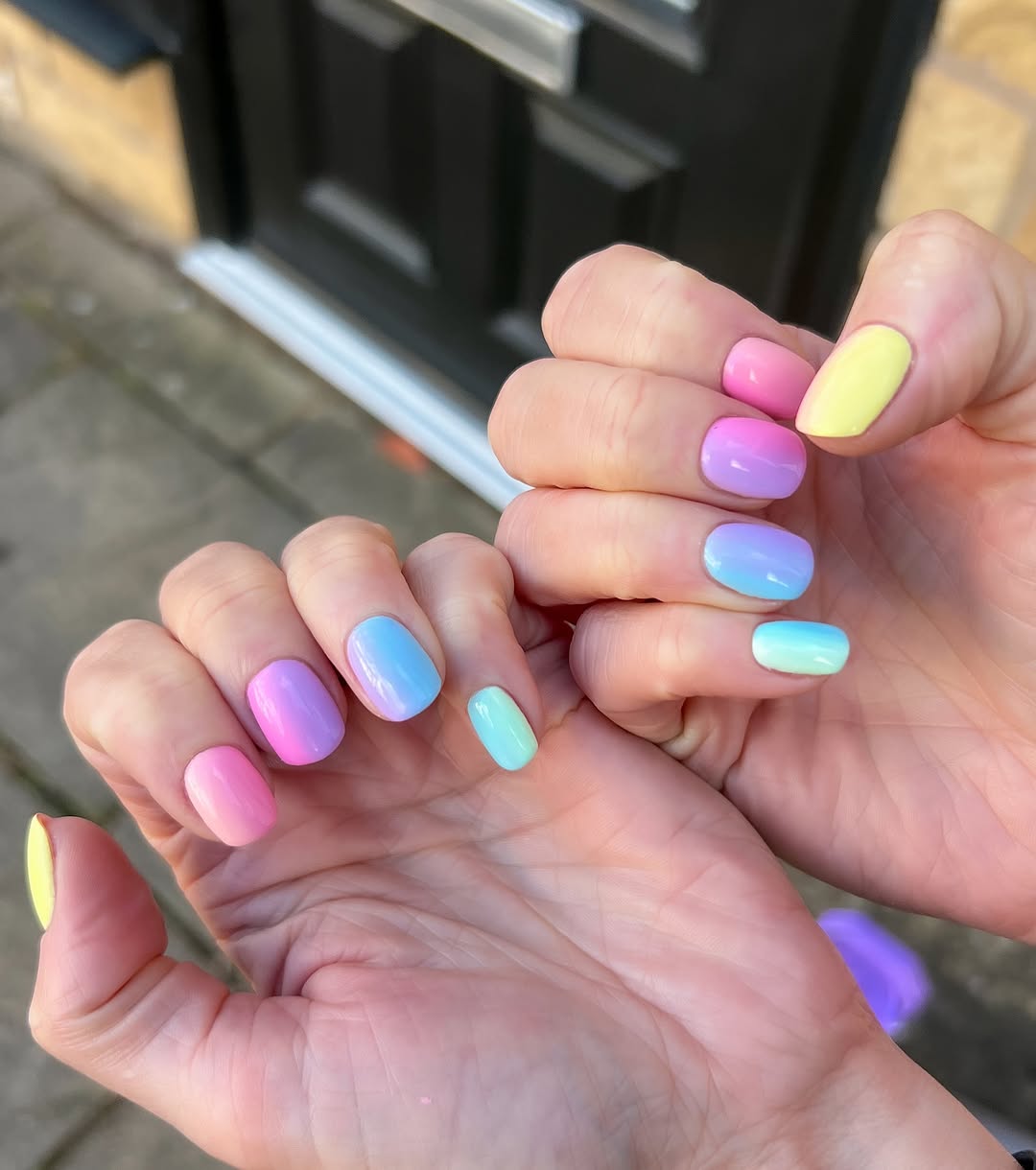 Glossy rainbow pastel ombre nails