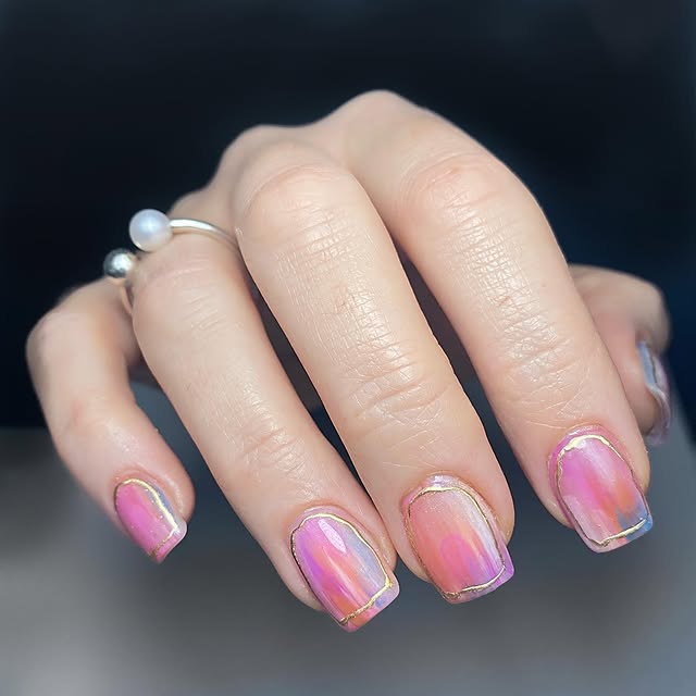 Chrome pastel ombre nails with gold detail