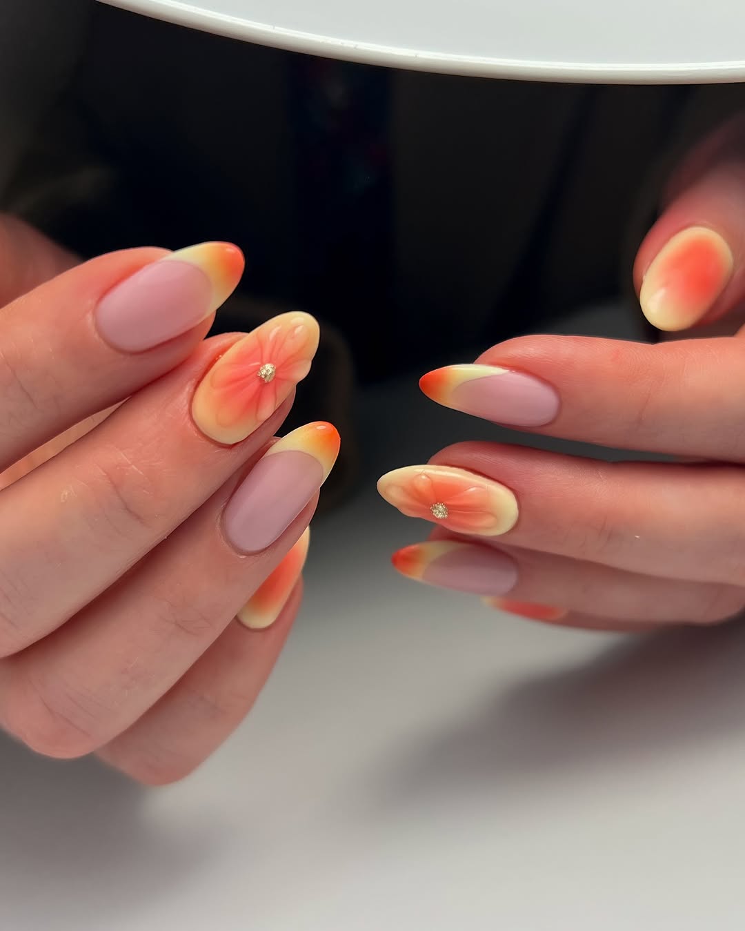 French ombre nails with coquette detail
