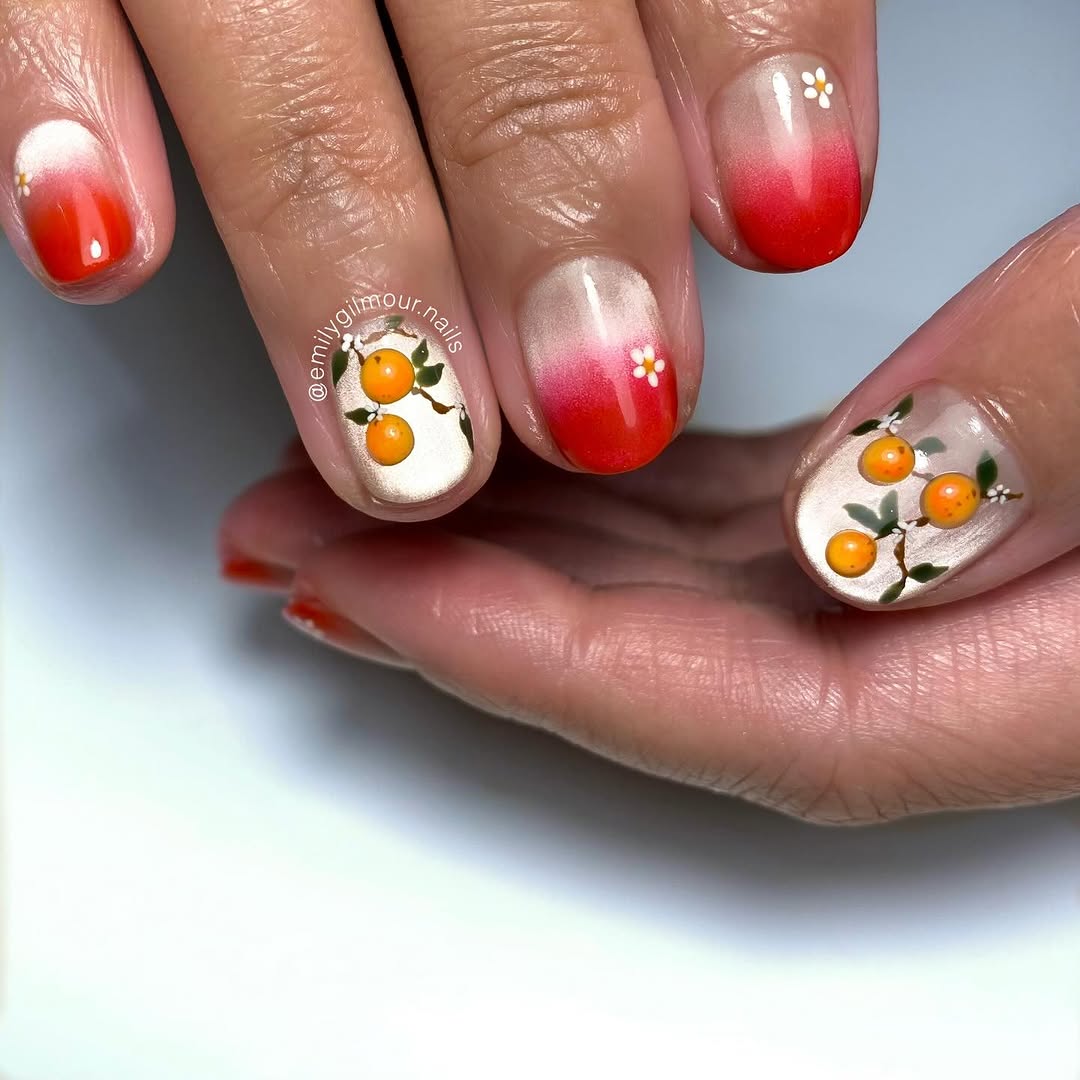 Short glossy ombre nails with cute nail art