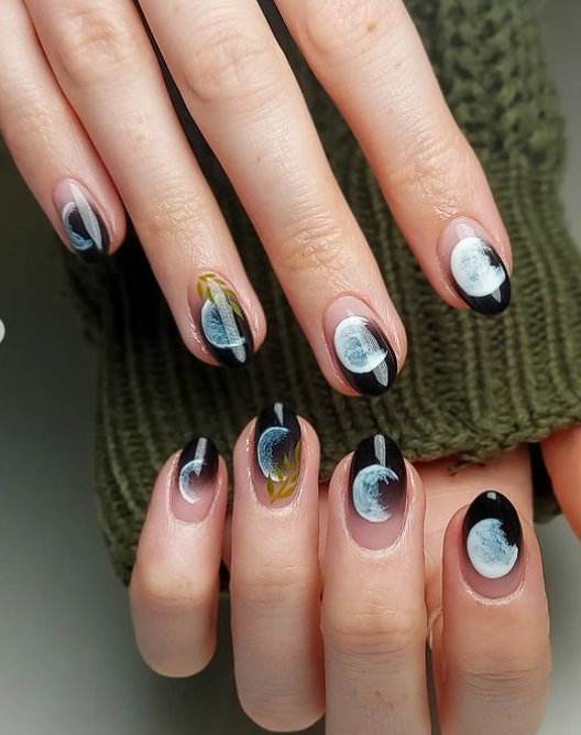 moon phase black ombre halloween nails
