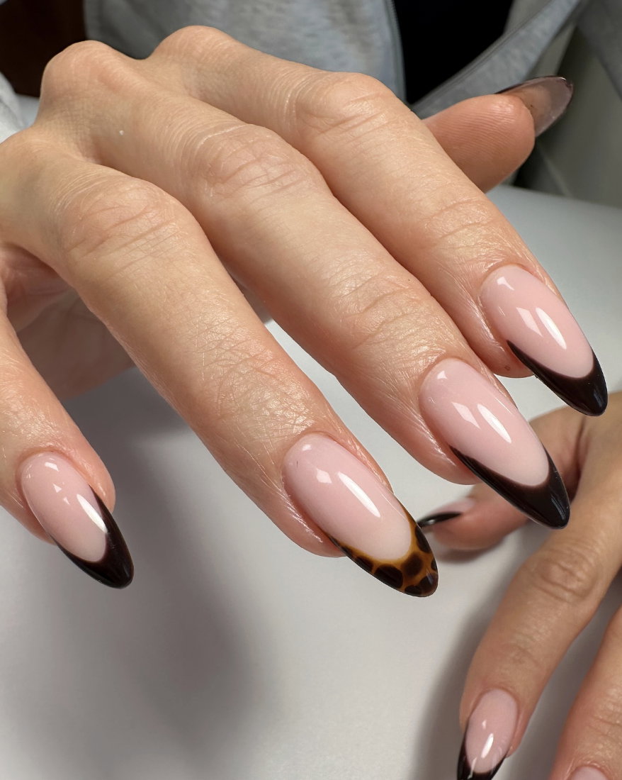 Chocolate tortoiseshell French tip nails