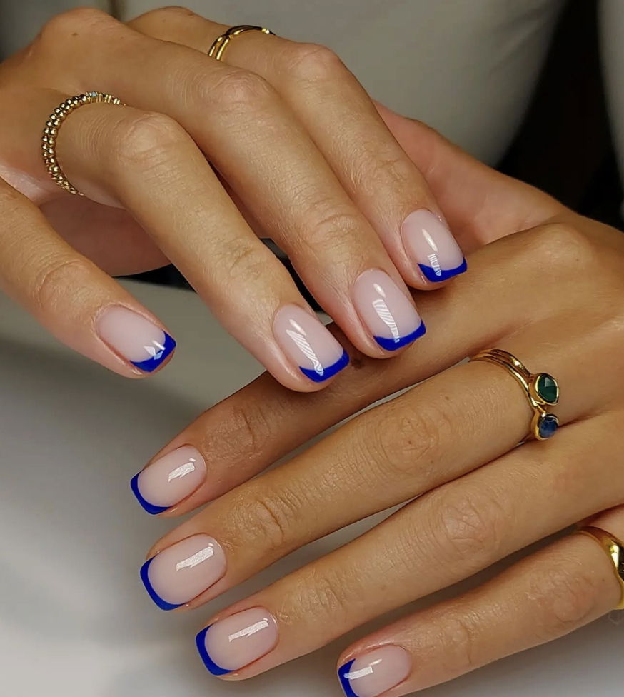 Electric blue short French tip nails