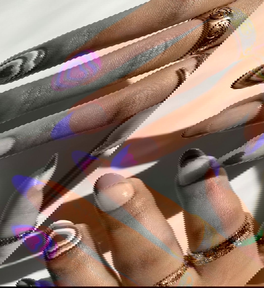 Lavender heart French tip nails