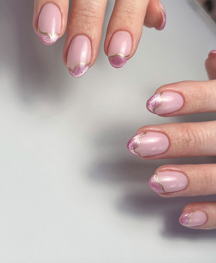 Pink cat eye French tip nails
