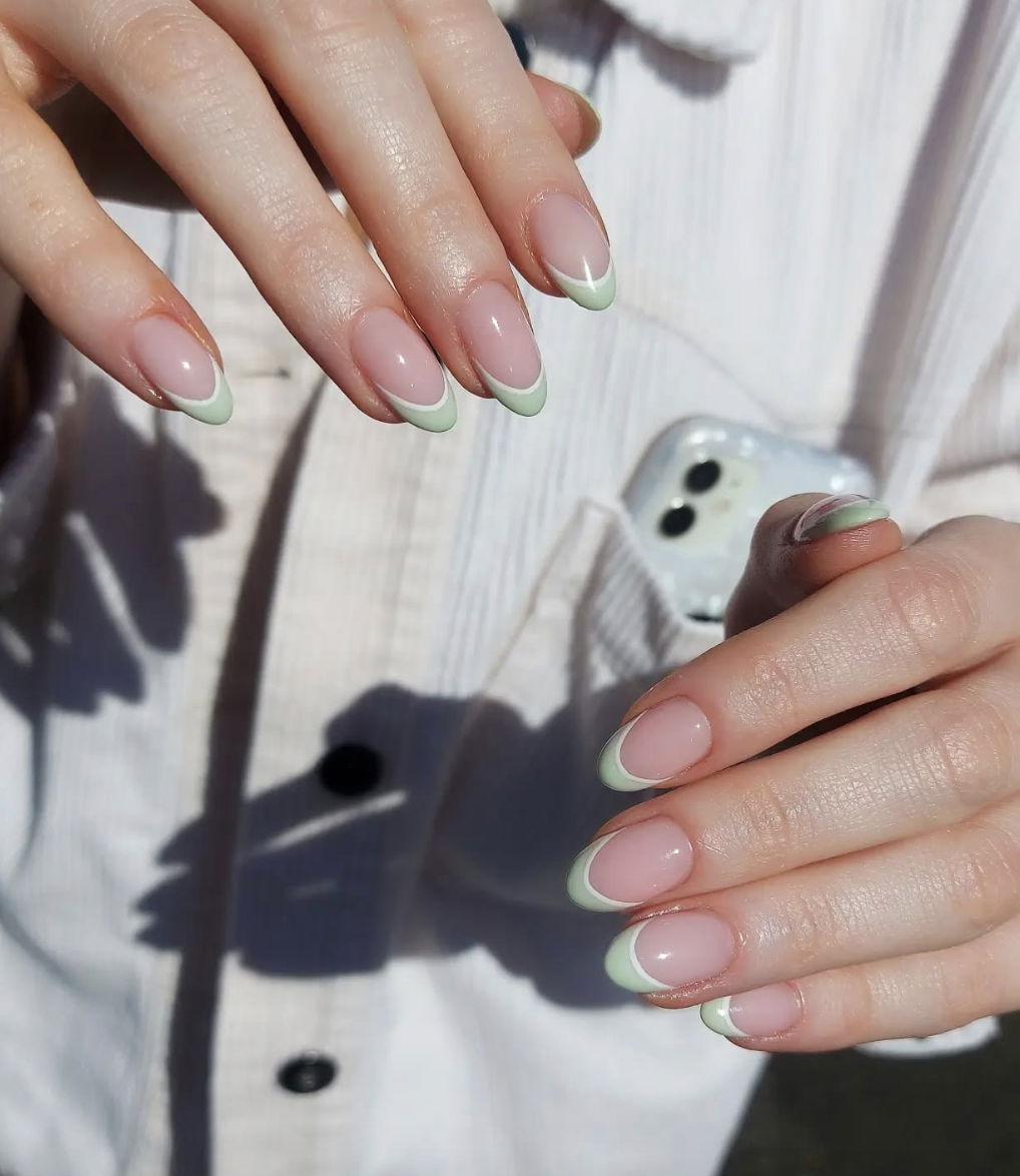 Sage green French tip nails