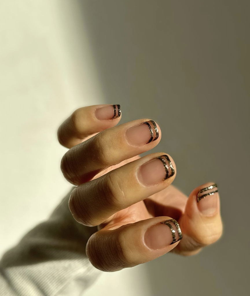 Short, square, silver double French tip nails