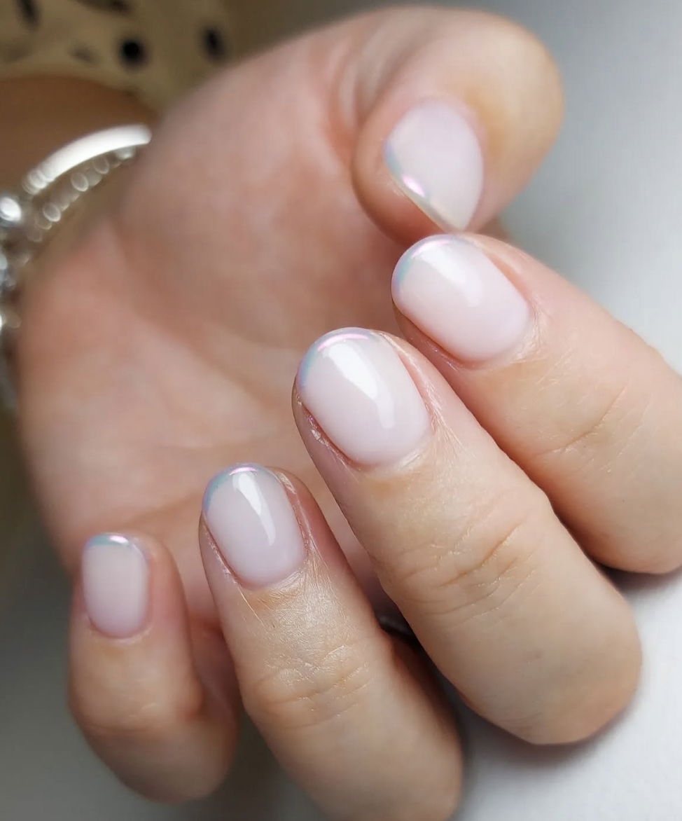 Short silver shimmer French tip nails