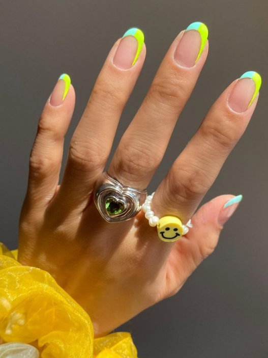 blue and green french tip nails hang