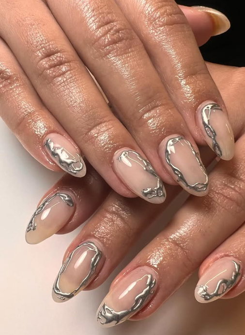 nude and silver nails