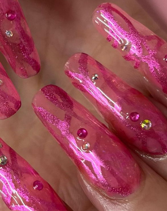 glitter acrylic pink Barbie nails with gems