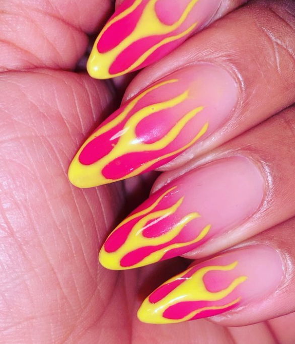 gradient pink nails with yellow flames | Live That Glow gradient pink nails with yellow flames