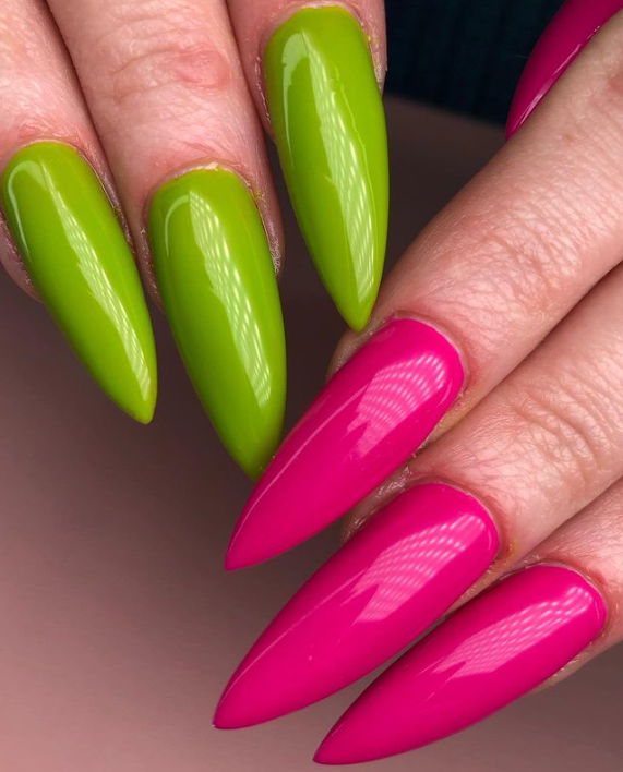 long pink and green stiletto barbie nails