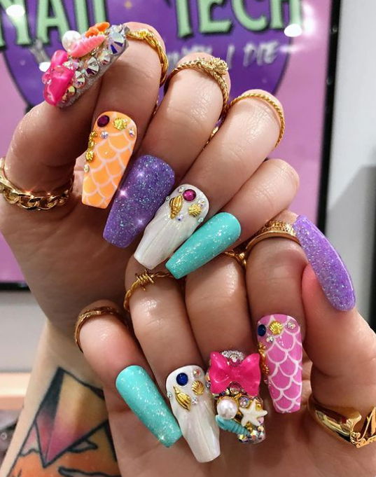 mermaid barbie 3D charm press on nails