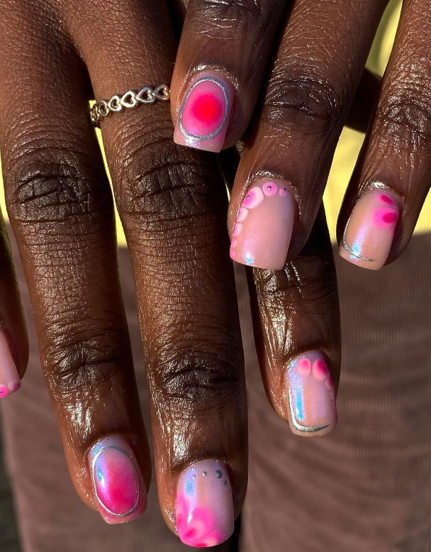 mismatched pink and silver jelly nails