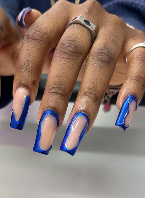 nude and royal blue chrome nails