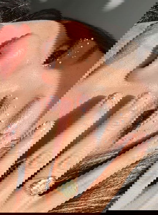 nude nails with 3d pearls