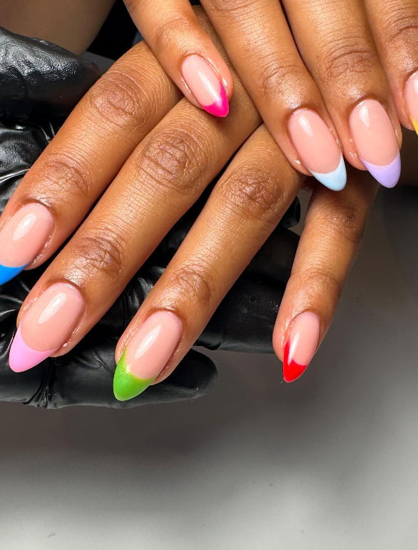 nude nails with multicoloured french tips