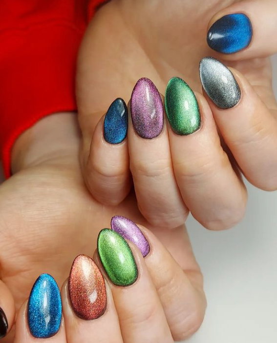 short holographic stiletto nails