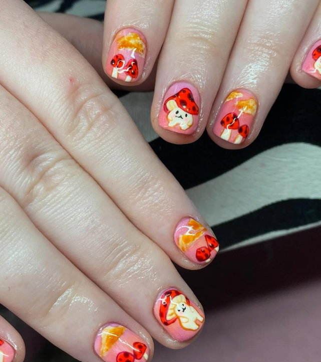 short magic mushroom nails pink