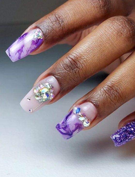 purple and milky white marble nails
