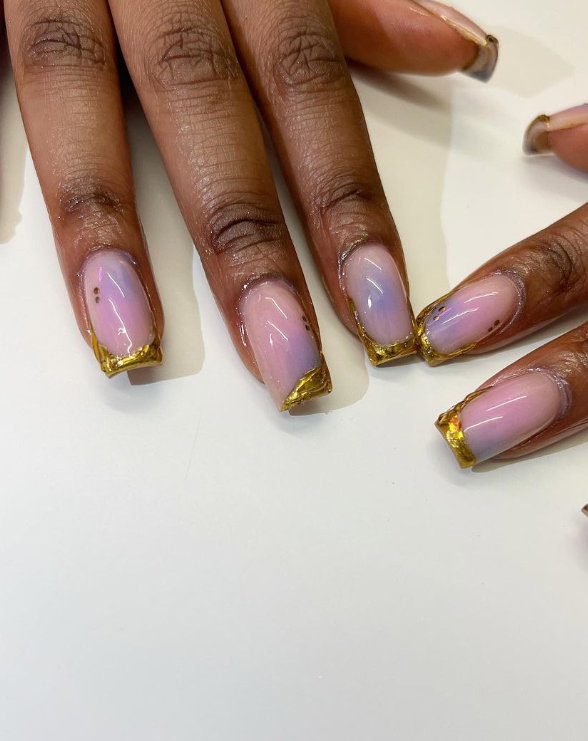 purple and nude coffin nails with gold