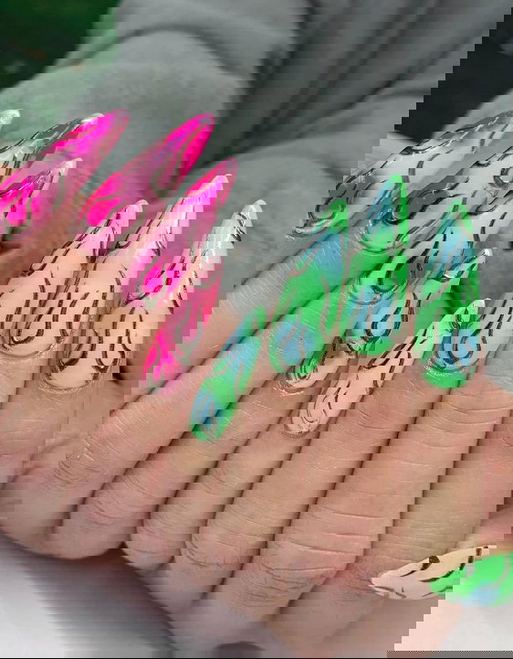 green and pink stiellto nails