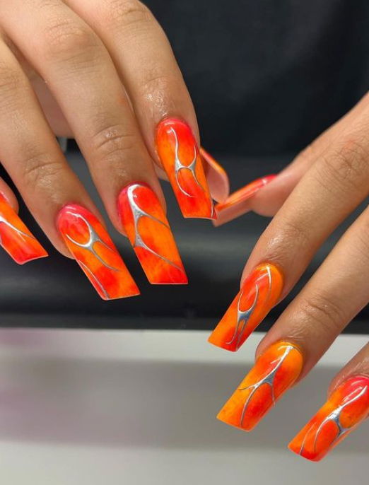 orange lipstick nails silver chrome