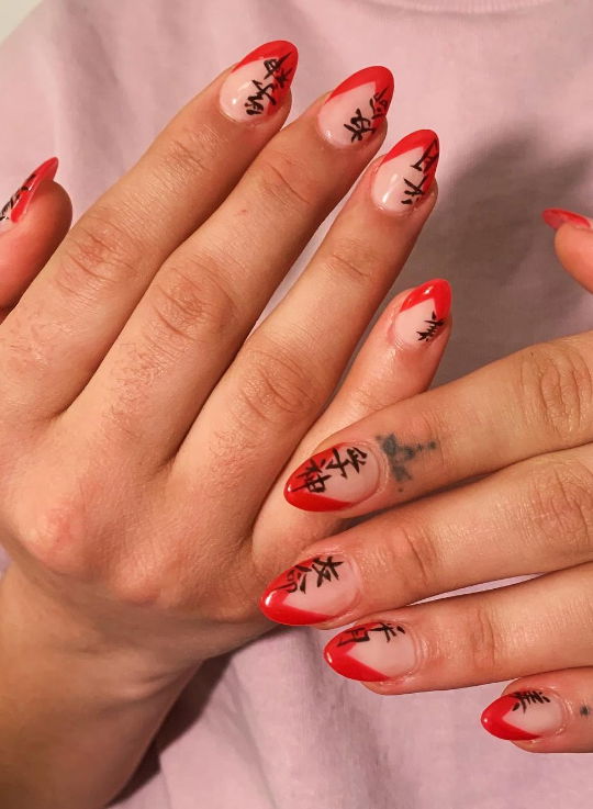 almond french tip nails red medium