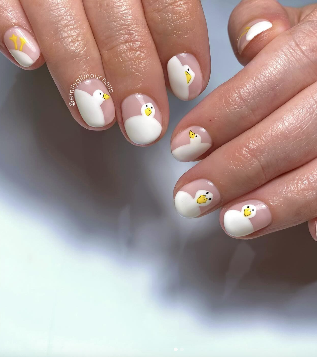 Cute white ducks on short nude nails | Live That Glow Cute white ducks on short nude nails