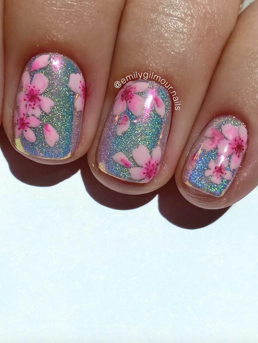 Pink flower nails on glittery acrylics | Live That Glow Pink flower nails on glittery acrylics
