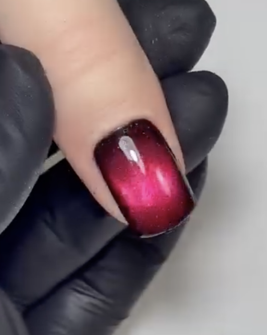 Square red aura cat eye nails