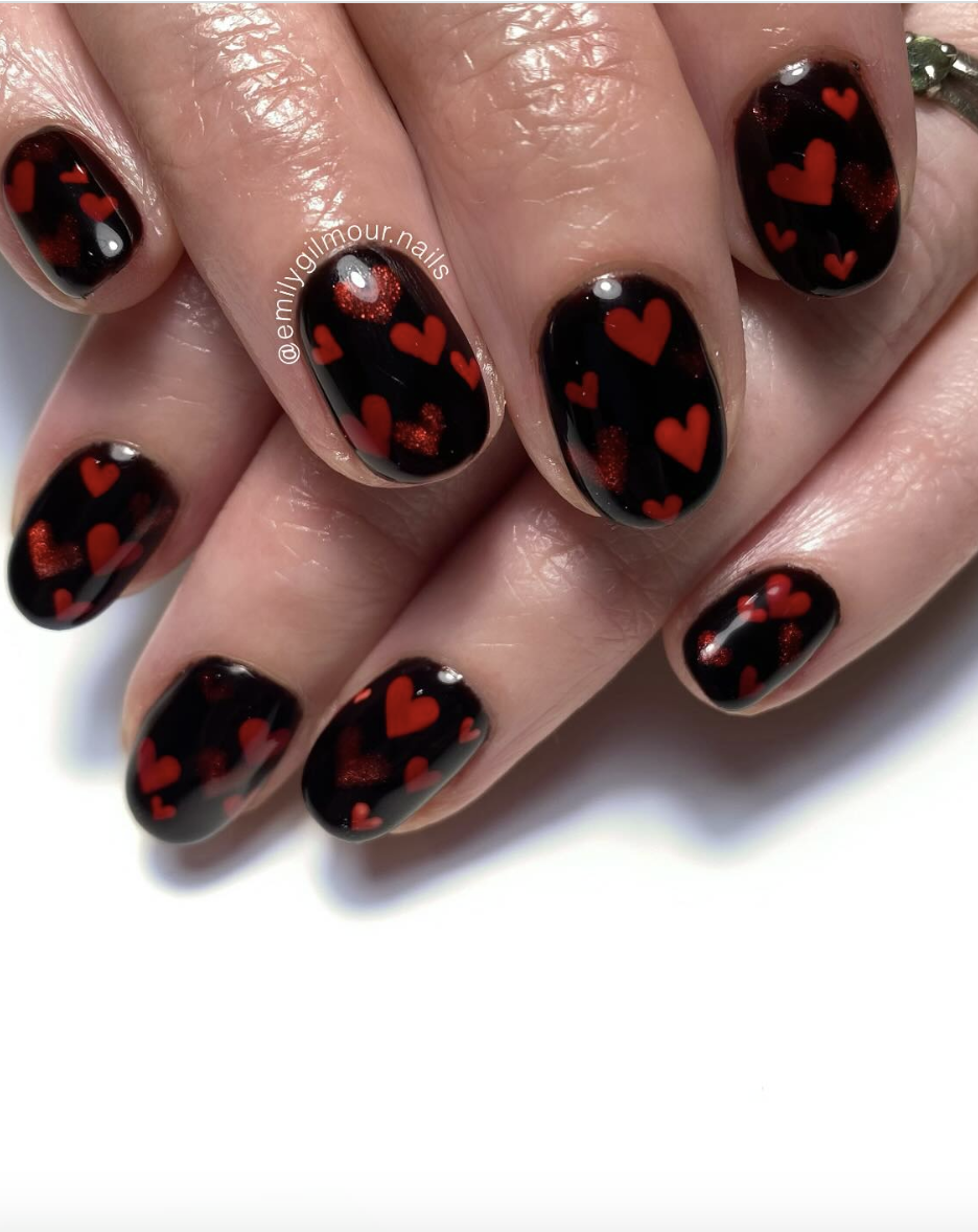 Rich red and black short nails with hearts