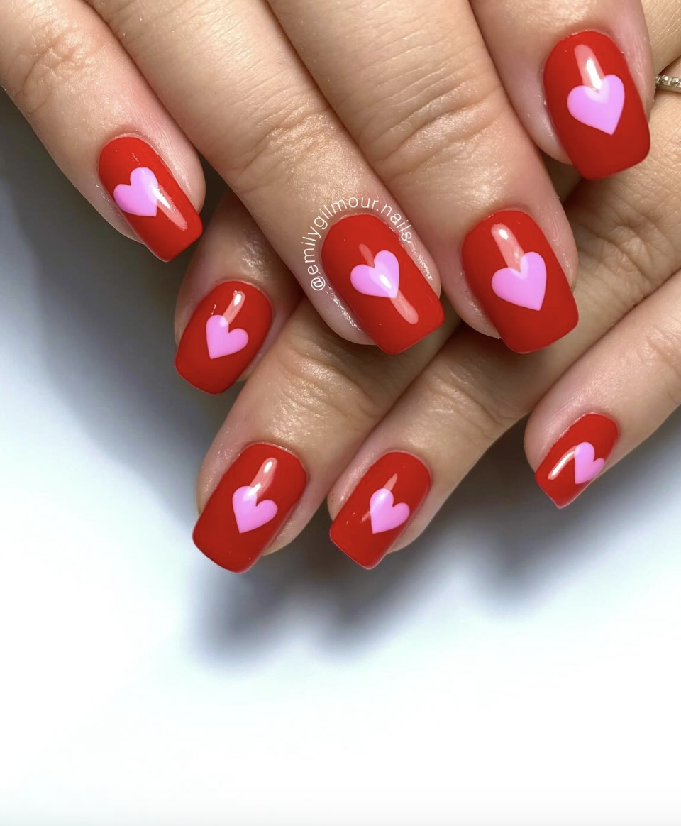 Classic red and pink square nails with hearts