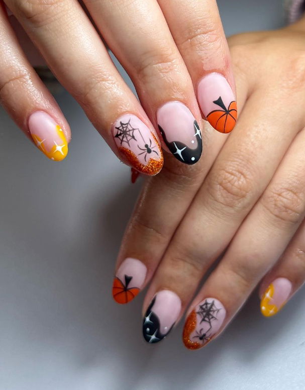 black orange and red halloween french tips
