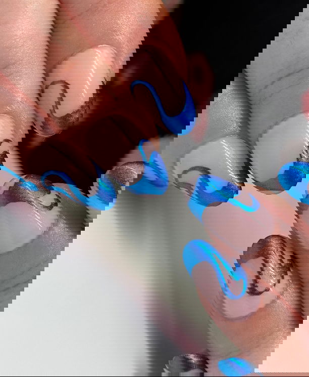 blue chrome french tip swirl nails