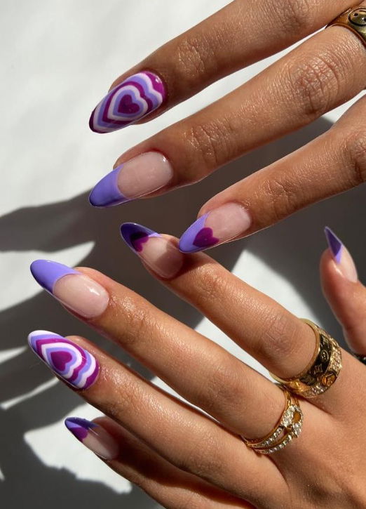 lavander french tip almond nails with hearts