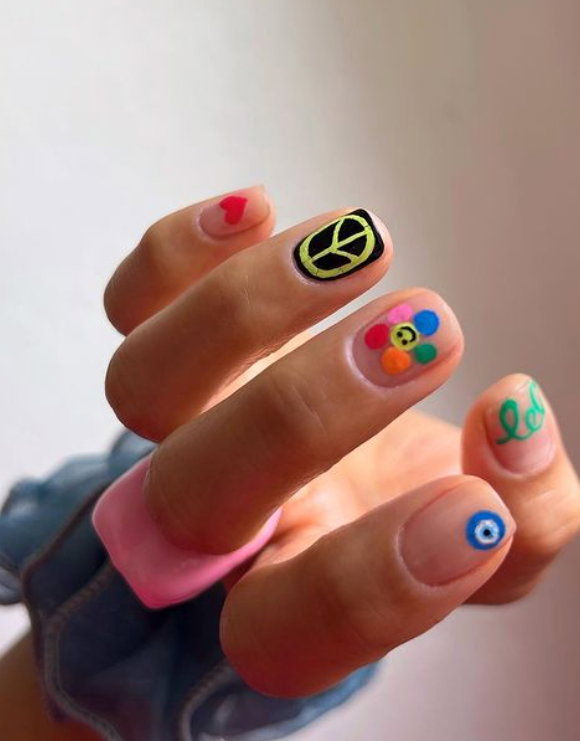 90s flower power doodle nails