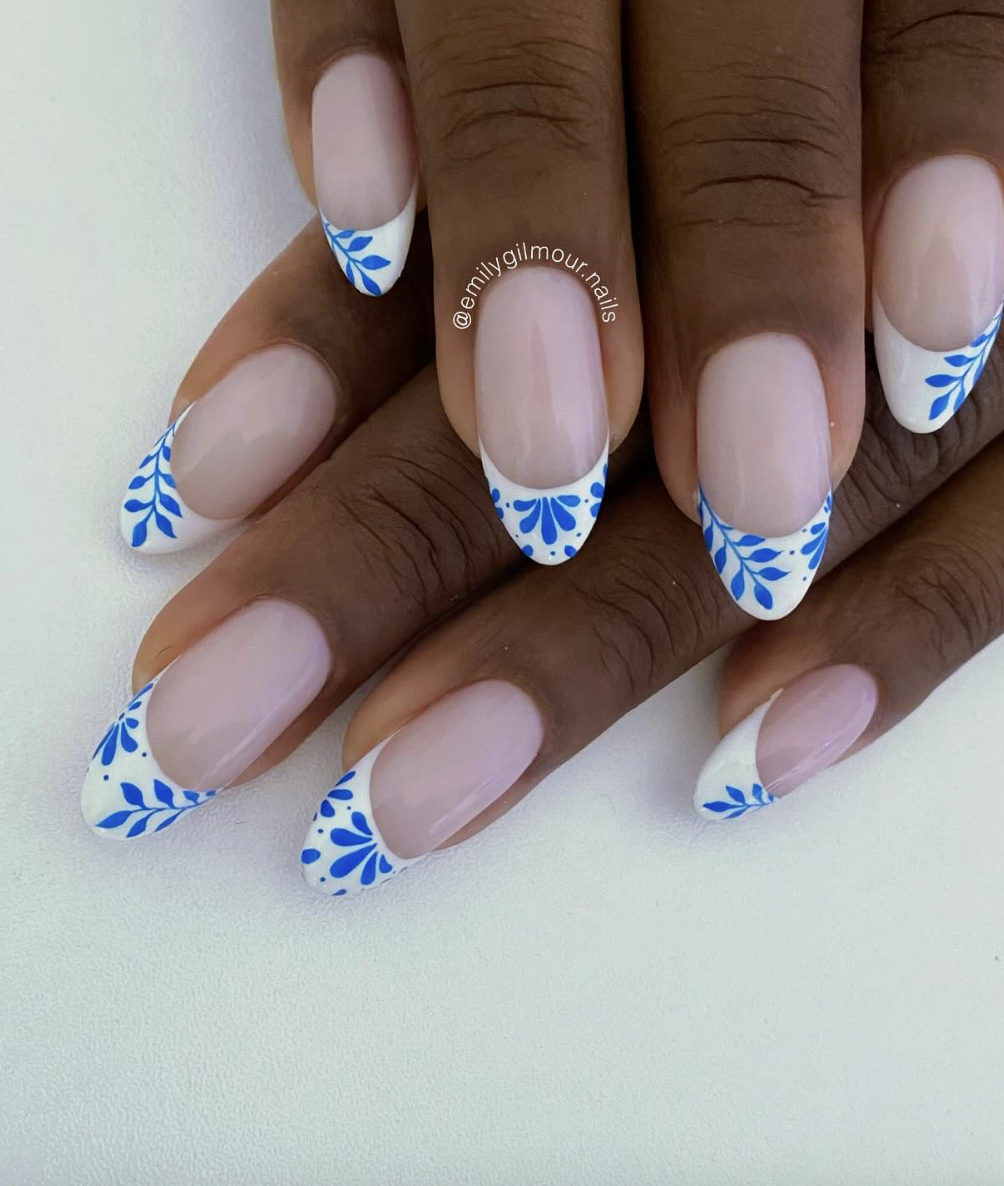 Blue almond milky French tips with flowers | Live That Glow Blue almond milky French tips with flowers