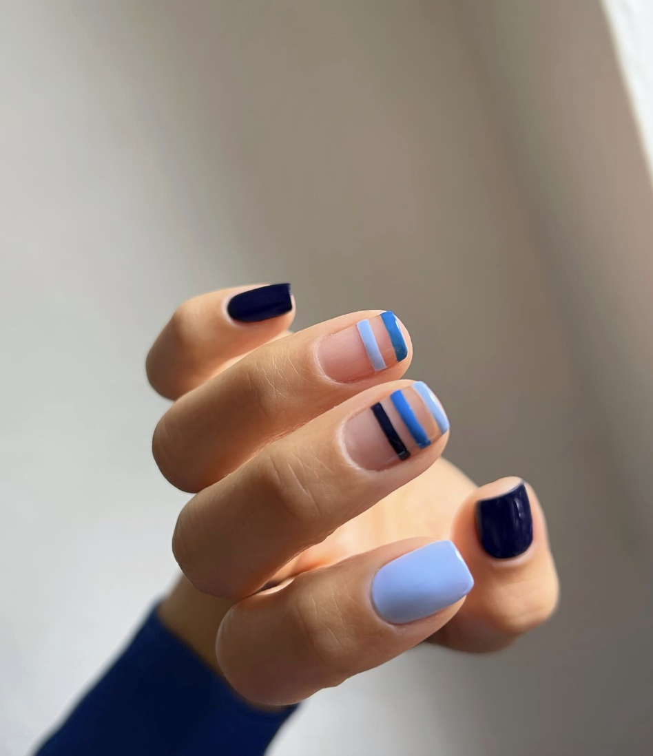 Square blue abstract triple French tips | Live That Glow Square blue abstract triple French tips