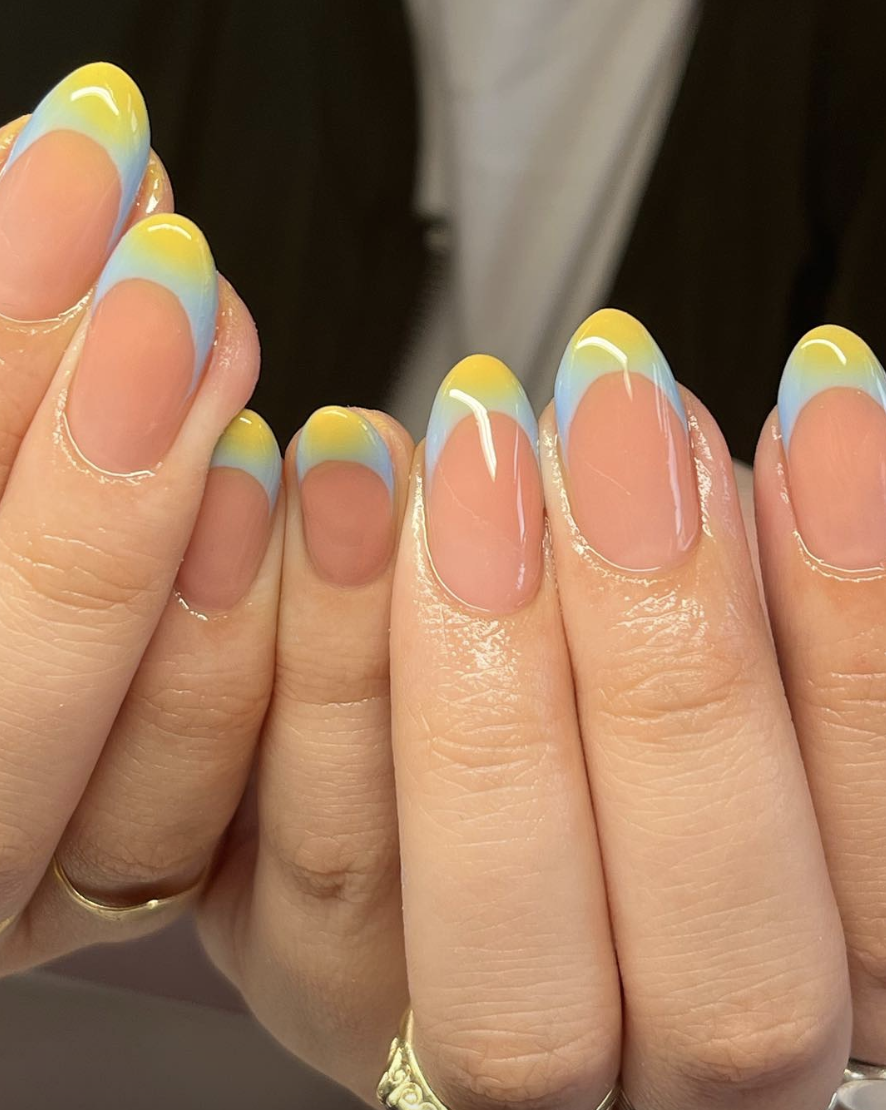 Pastel blue and yellow ombre glass skin French tips | Live That Glow Pastel blue and yellow ombre glass skin French tips