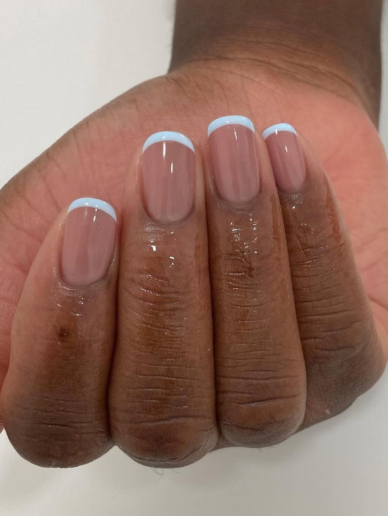 baby blue and beige micro french tip nails