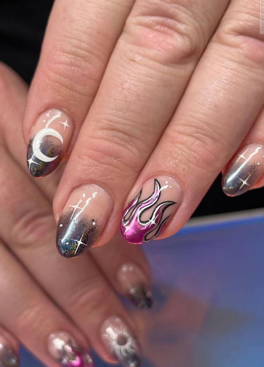 black and nude ombre nails with pink chrome flames | Live That Glow black and nude ombre nails with pink chrome flames