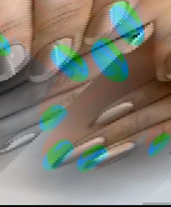 blue and green chrome french tip nails