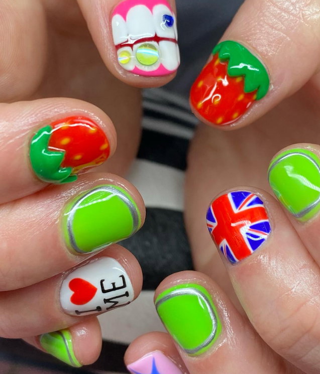 bright mismatched nails with 3D details and Union Jacks