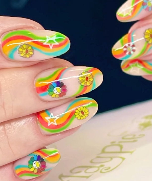 bright nails with flower smiley faces