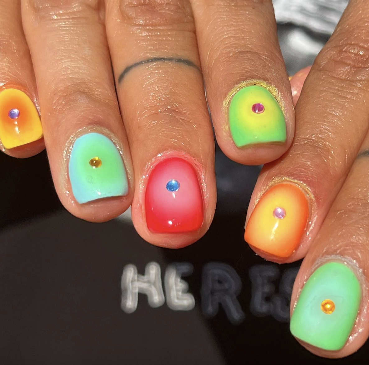 colourful-neon-aura-nails | Live That Glow Short glossy aura nails in neon purple, coral pink and orange