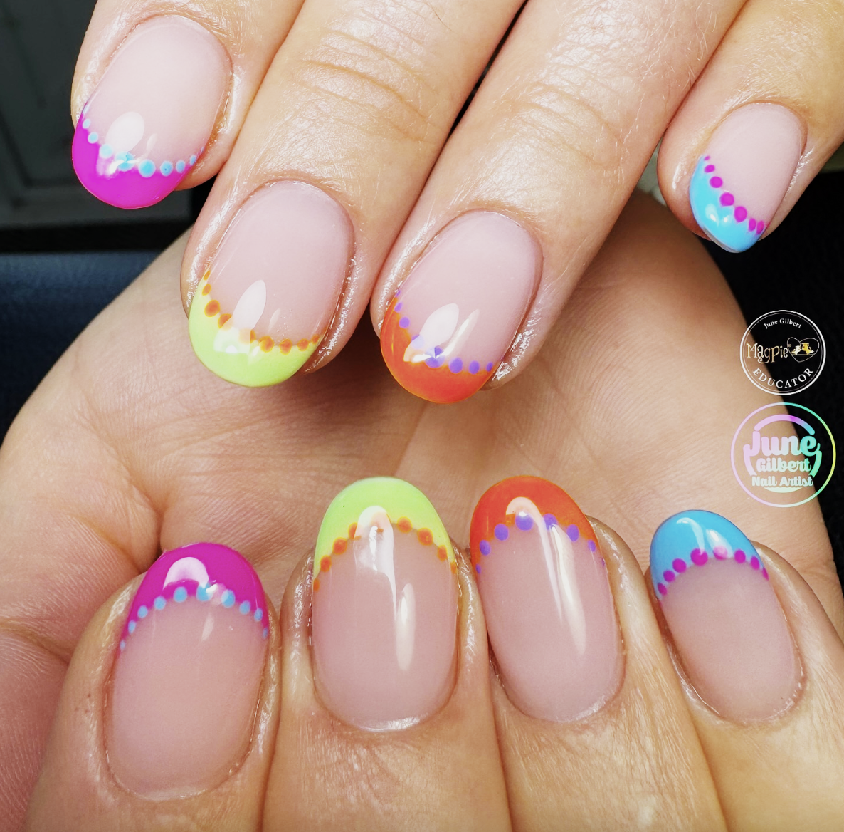 colourful-neon-dotted-french-tip-nails | Live That Glow Nude nails with colourful neon French tips and contrasting dotted nail art