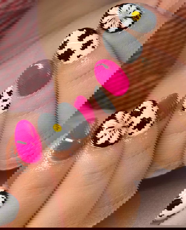 hot pink white and black nails with flowers and cow print designs | Live That Glow hot pink white and black nails with flowers and cow print designs
